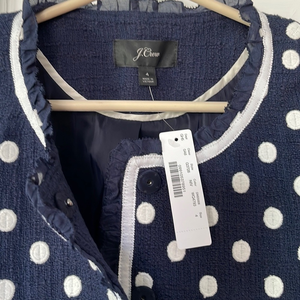 Adorable J Crew navy tweed suit with polka dots